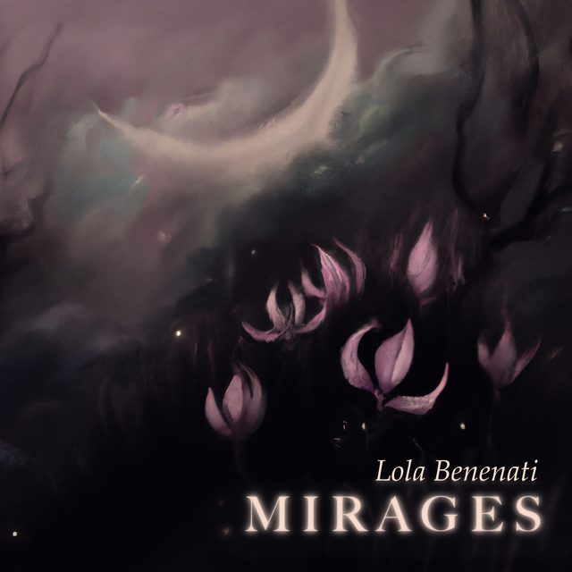 Pochette de l’EP Mirages : peinture nocturne violette de fleurs pâles et d’un croissant de lune, titre en capitales blanches.
